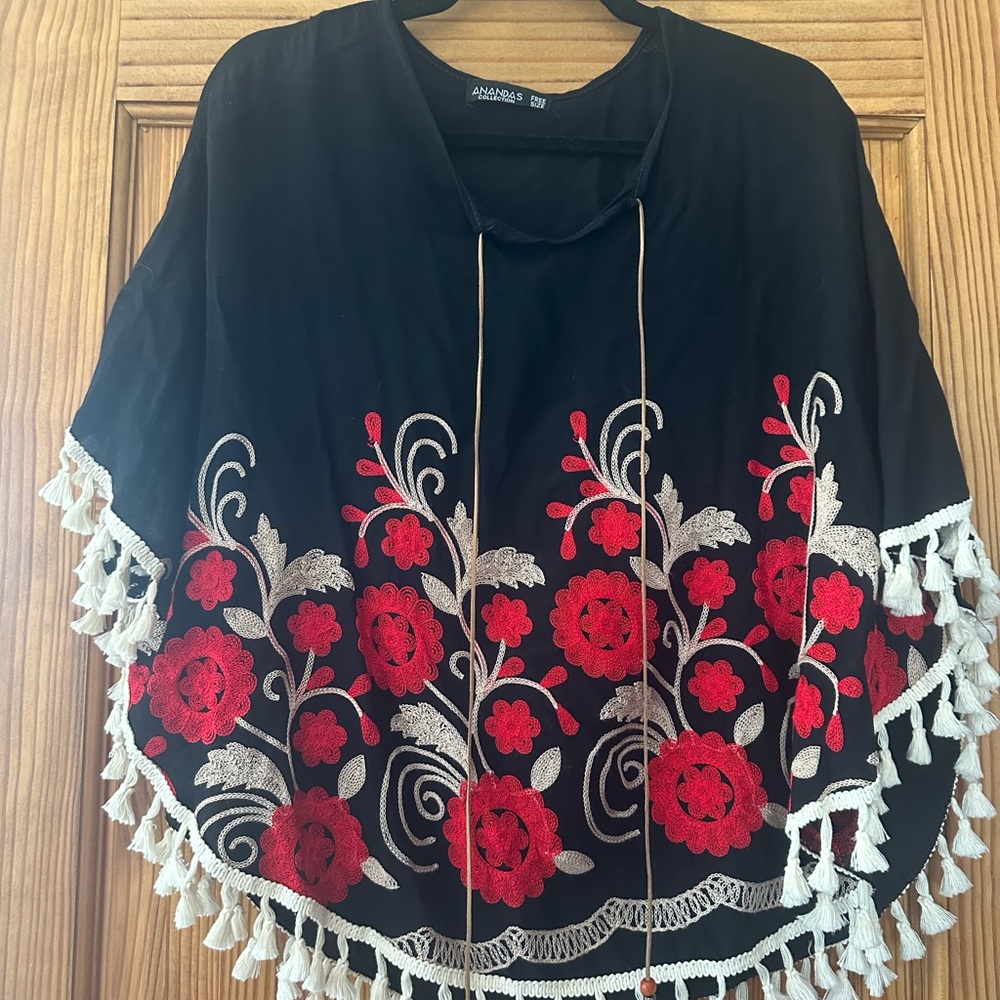 Amanda & Chelsea Black Poncho with Red Embroidery